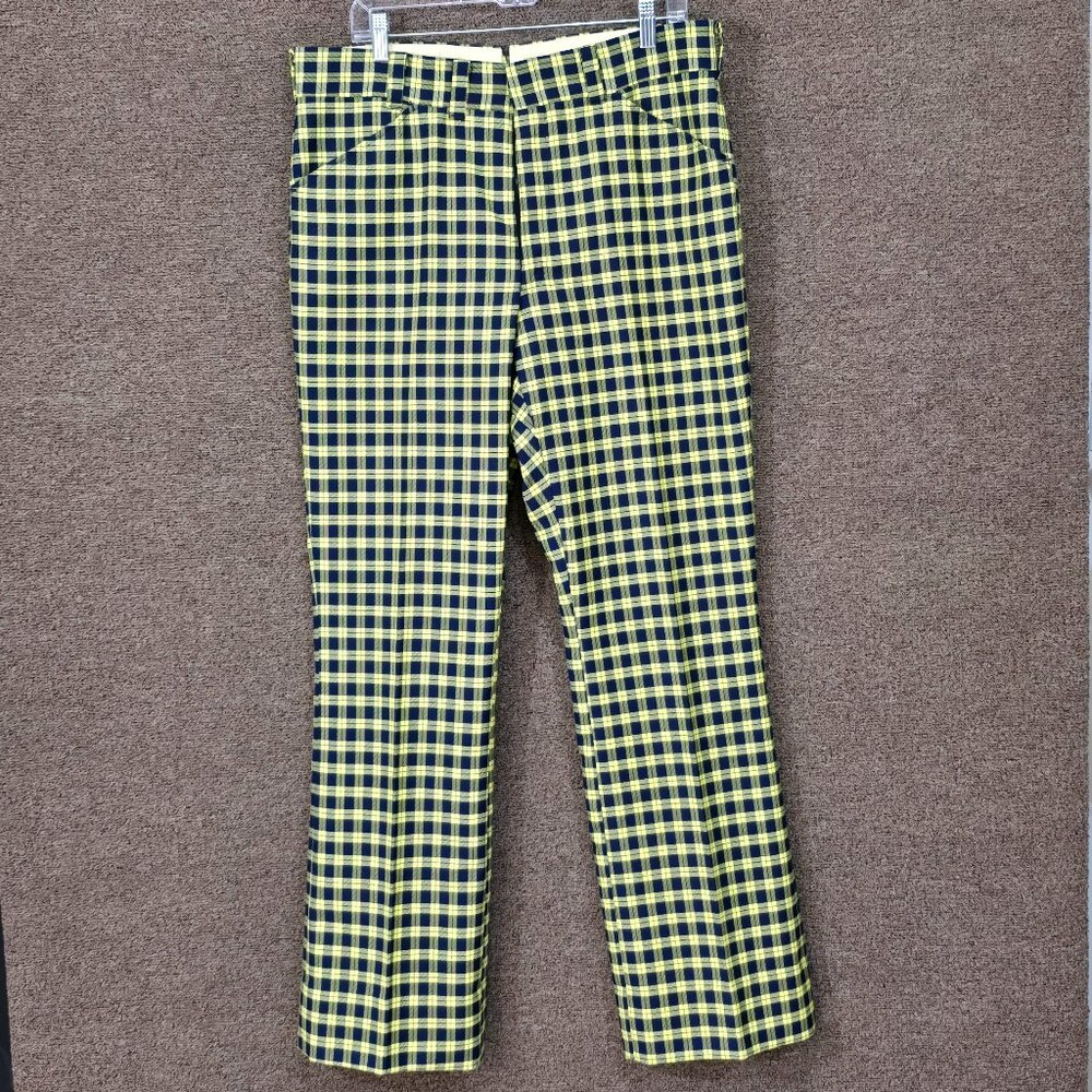 Vintage Clubman Plaid Golf Pants 36 Yellow Navy Retro Preppy Loud Straight Leg